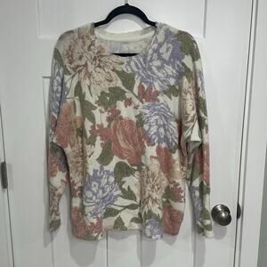 Joie Floral Print Crewneck Sweater Sz 1X Ivory Pink Multi Fuzzy Knit Feminine